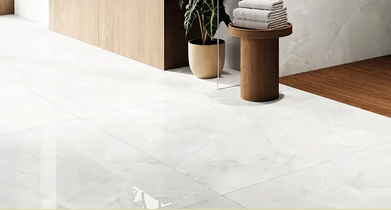 Glossy stone and marble-look tiles for floor use
