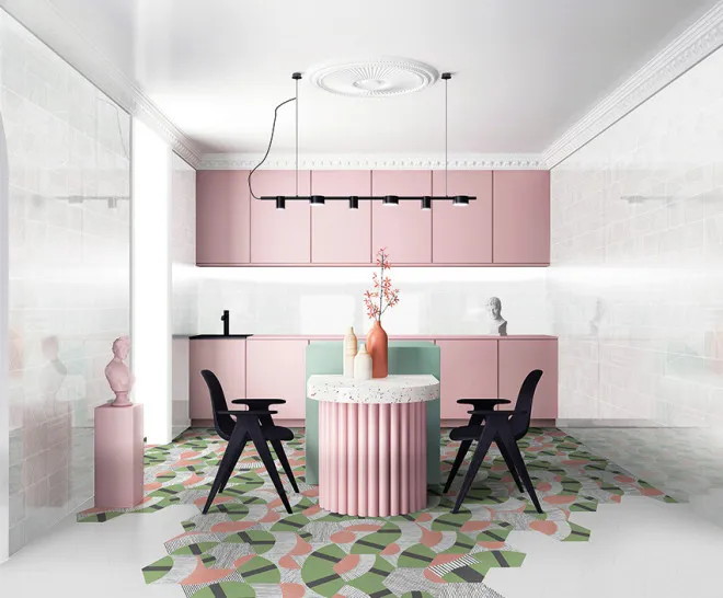 Irregular polygonal ceramic tiles add a unique, artisanal touch to kitchen floors, creating creative and eye-catching mosaic patterns.
