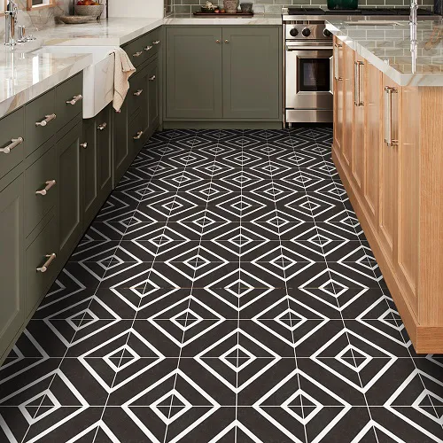 The classic grid pattern offers a clean, versatile layout that highlights tile designs and adds timeless elegance to any kitchen floor.