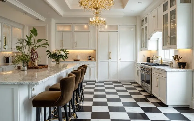 The timeless checkerboard pattern combines classic style with playful elegance, making a bold statement on any kitchen floor.