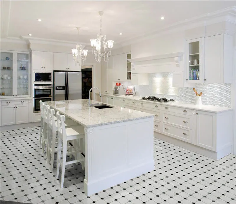 The octagon-and-dot pattern combines classic charm with modern style, creating a timeless and visually striking kitchen floor design.