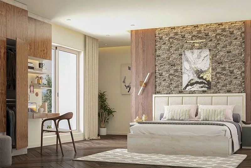 Feature wall in the bedroom with modern patterned tiles