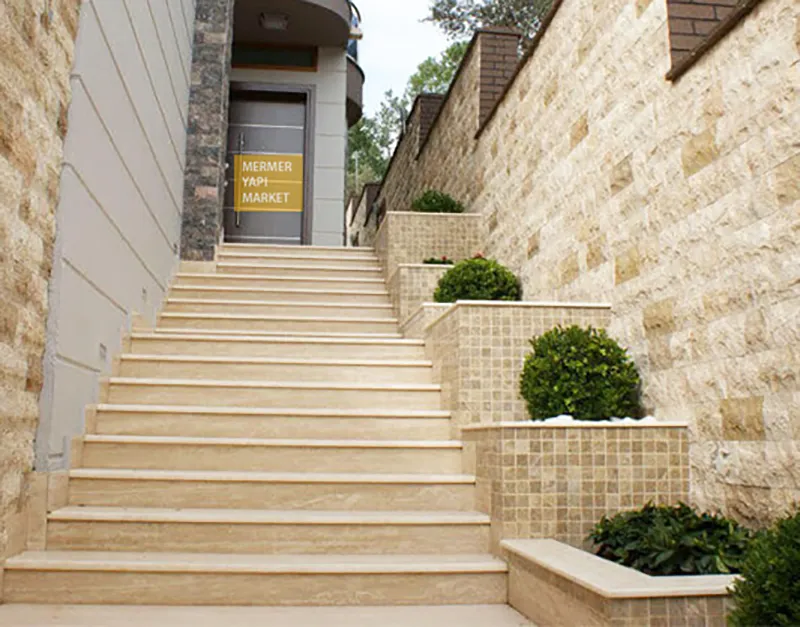 Travertine-Look Ceramic Tiles for Stairs